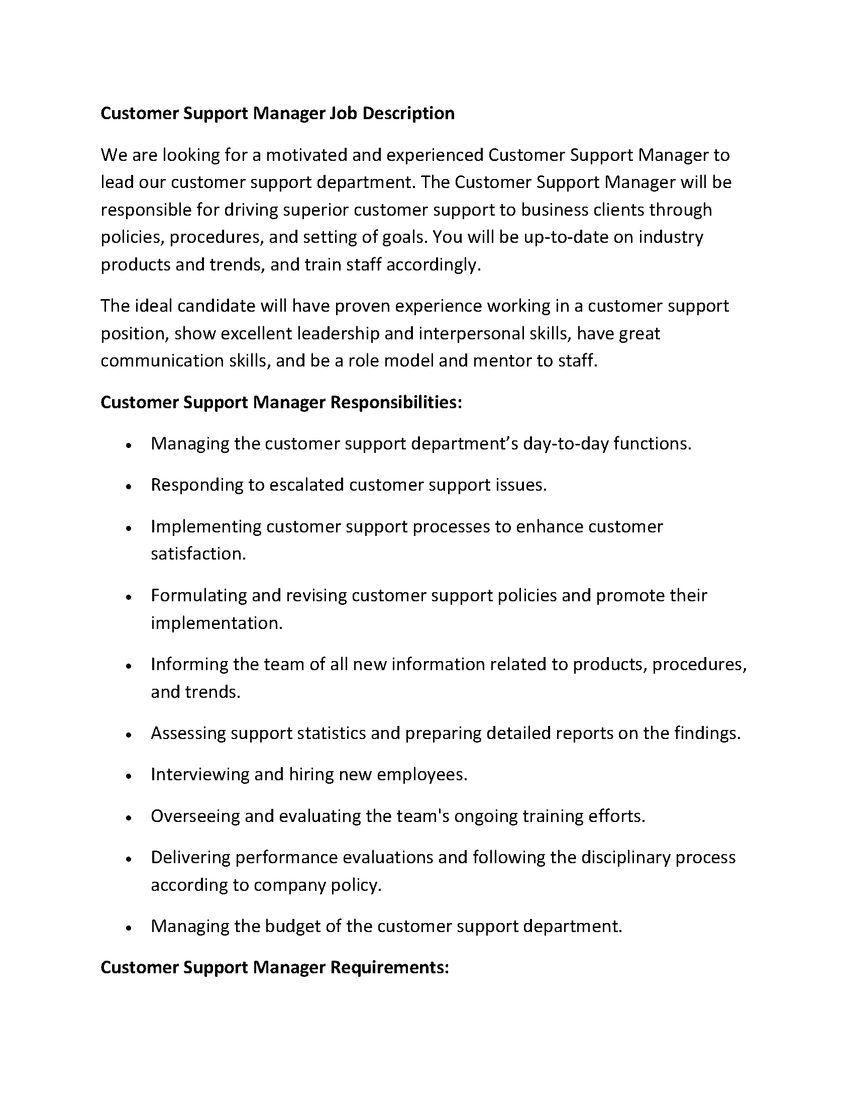 Customer Support Manager Job Description